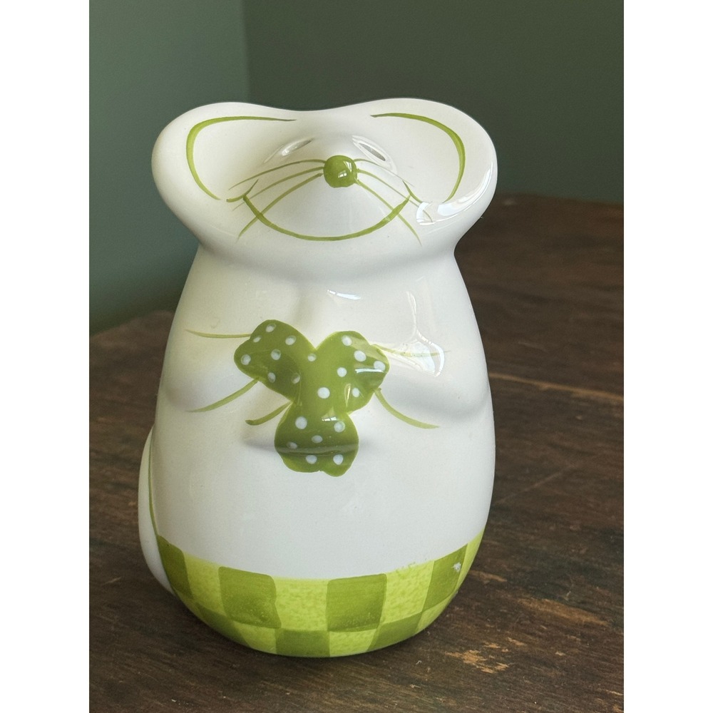 Laurie Gates Ceramic Mouse Cheese Shaker Green White Checkered Polka Dot